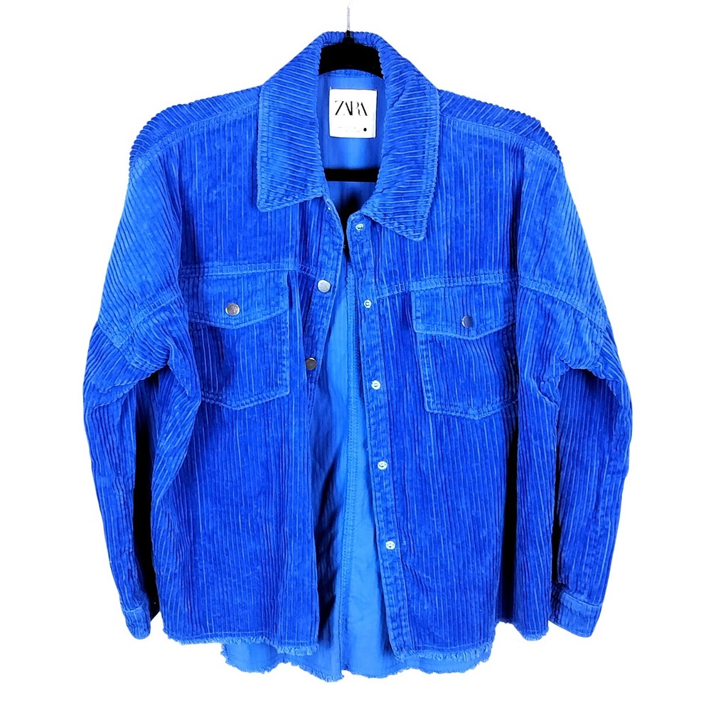 Zara Cotton Corduroy Shacket Womens Small Blue Raw Hem Button Front Shirt Jacket